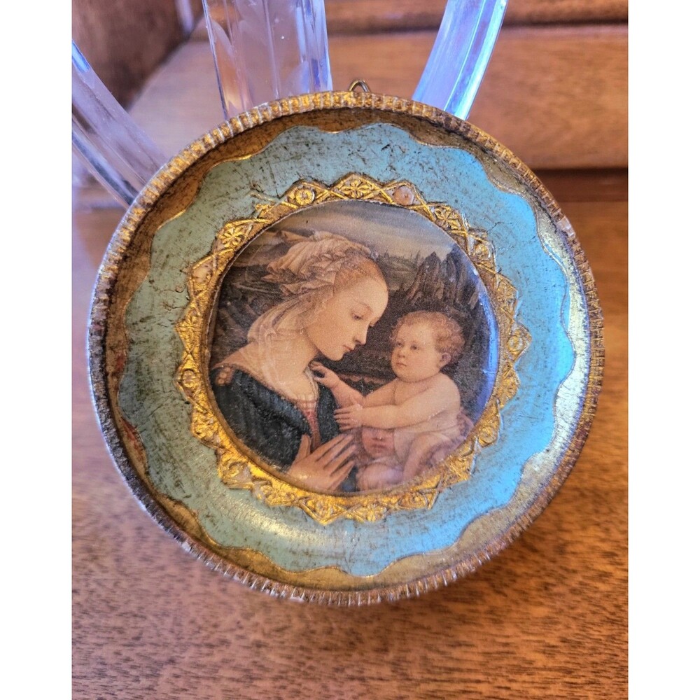 Vintage Italy Florentine Hand Painted Gilded Wood Madonna Child Wall Plaque
